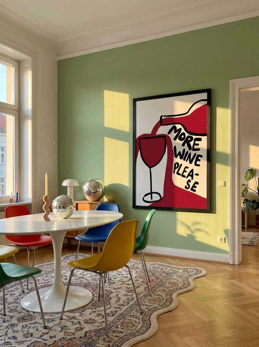 Oversized statement modern wall art print styled on the wall in a colourful eclectic dining room