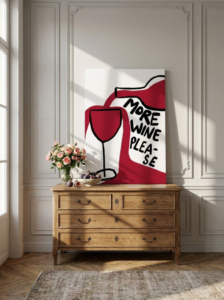 Stretched canvas wall art standing on a sideboard in a Parisian living room