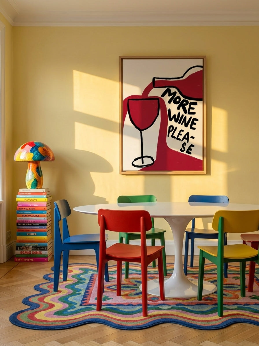 Oversized statement canvas wall art with a natural timber surround styled on the wall in a colourful eclectic dining room