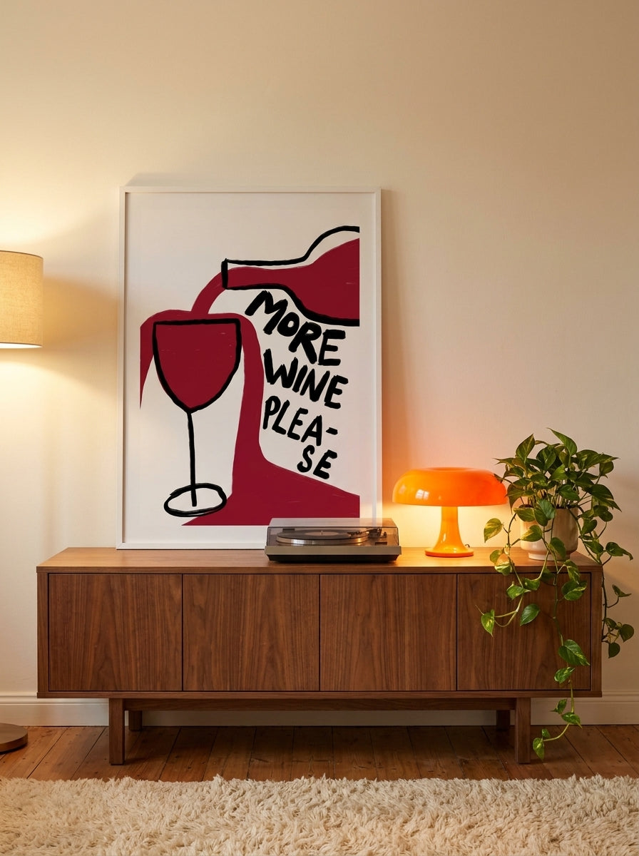 Modern wall art print standing on a sideboard in a retro 70s living room