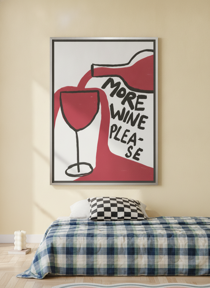Canvas wall art with a silver leaf surround styled on the wall in a colourful eclectic bedroom
