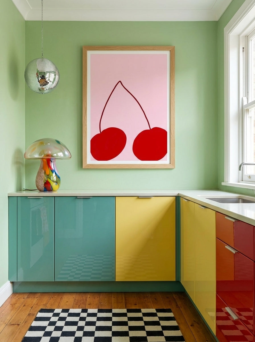 Modern wall art print styled on the wall in a colourful eclectic kitchen