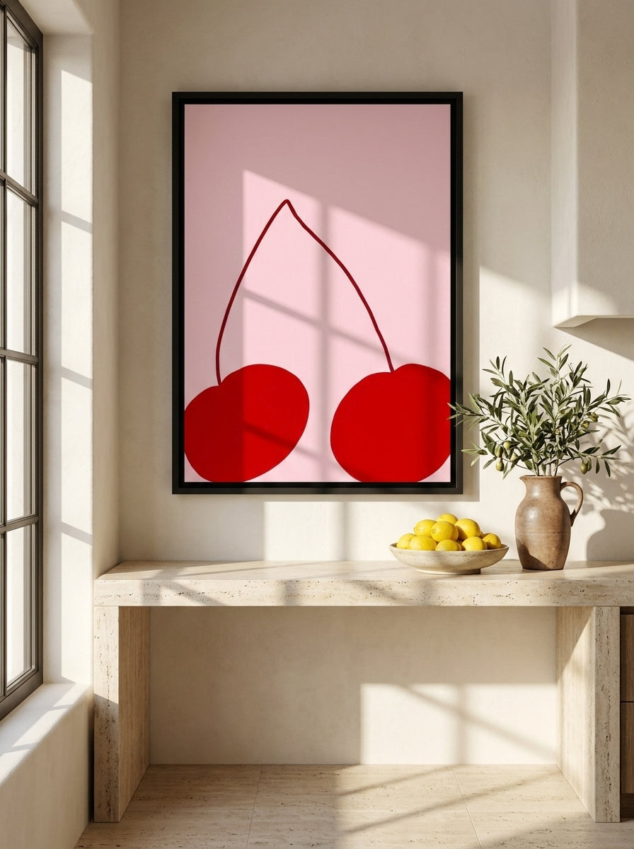Canvas wall art with a black surround styled on the wall in a Mediterranean kitchen