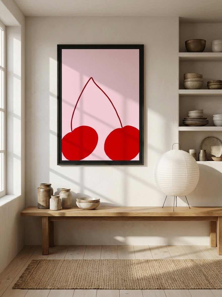 Modern wall art print styled on the wall in a warm Japandi kitchen
