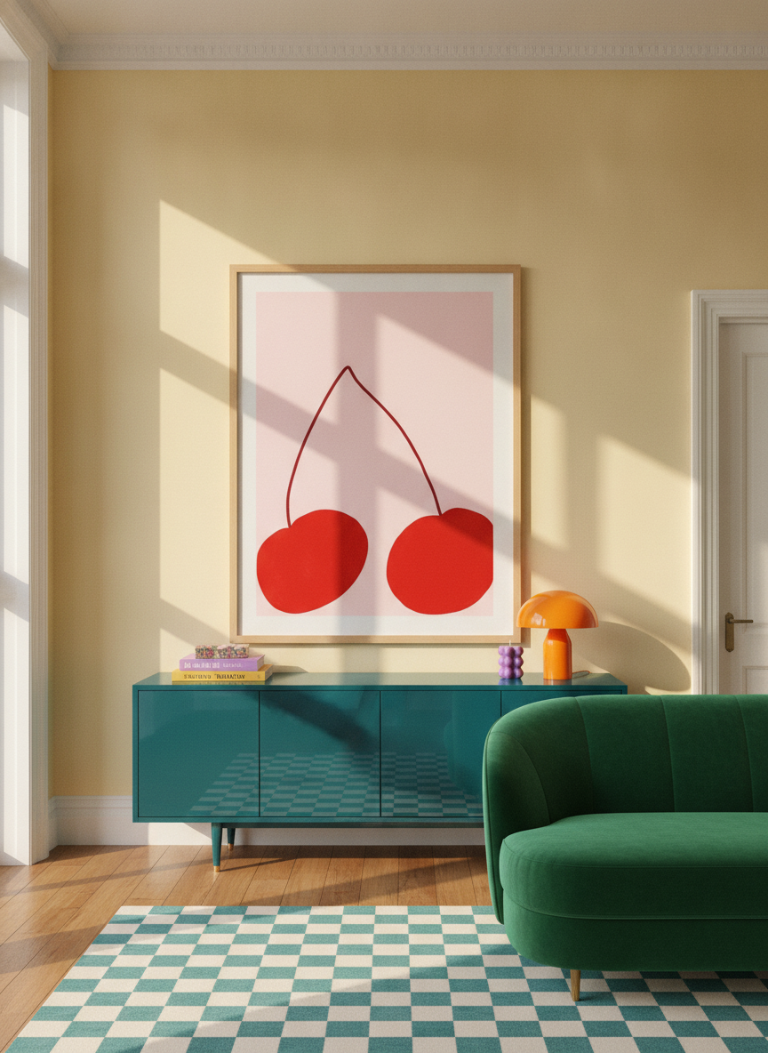 Oversized statement modern wall art print styled on the wall in a colourful eclectic living room