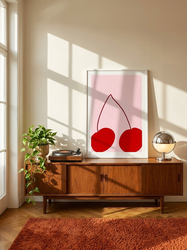 Modern wall art print standing on a sideboard in a retro 70s living room