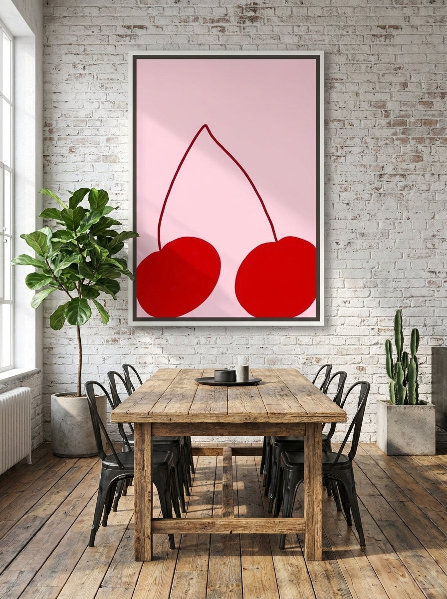 Oversized statement canvas wall art with a white surround styled on the wall in an industrial loft dining room