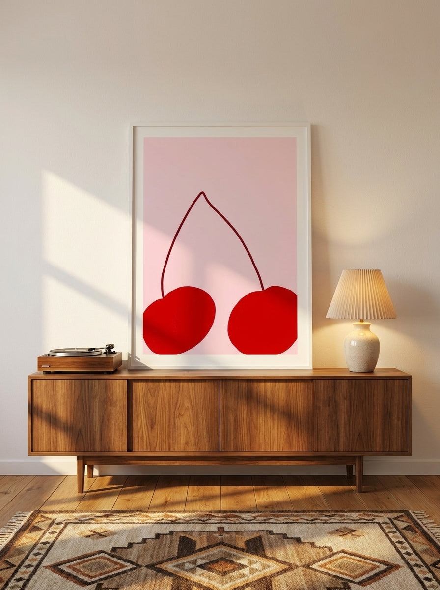 Modern wall art print standing on a sideboard in a mid-century dining room