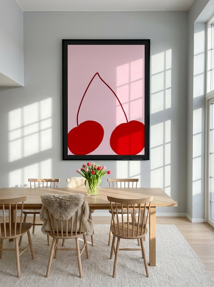 Oversized statement modern wall art print styled on the wall in a bright Scandinavian dining room