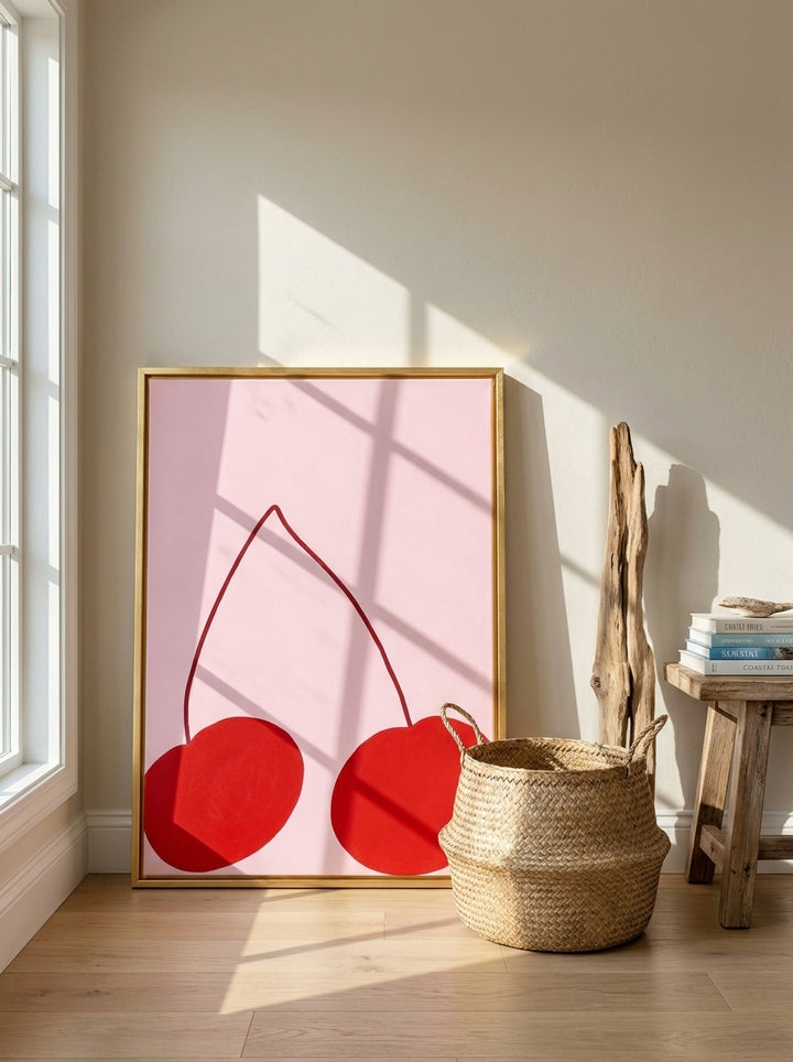 Canvas wall art with a gold leaf surround leaning against the wall in a coastal living room