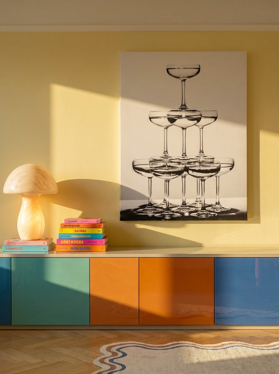 Stretched canvas wall art styled on the wall in a colourful eclectic kitchen