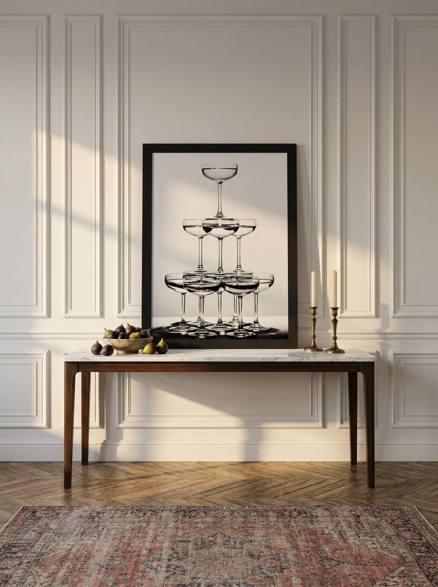 Modern wall art print standing on a console in a Parisian dining room