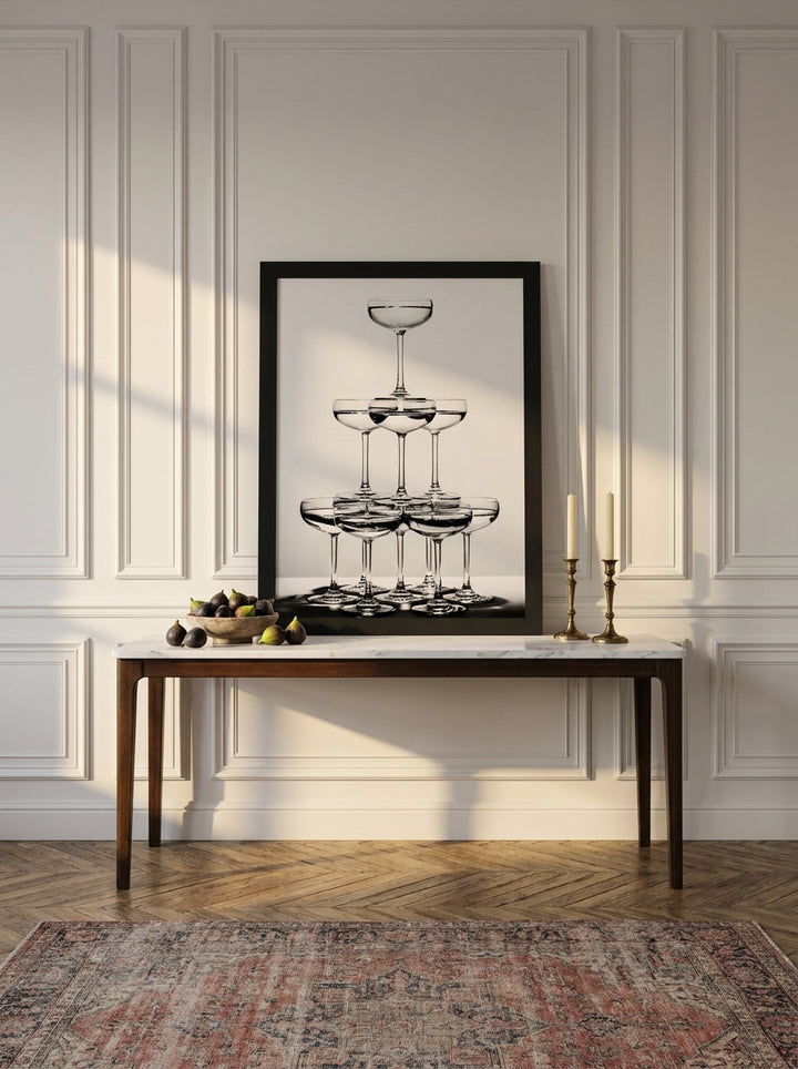 Modern wall art print standing on a console in a Parisian dining room