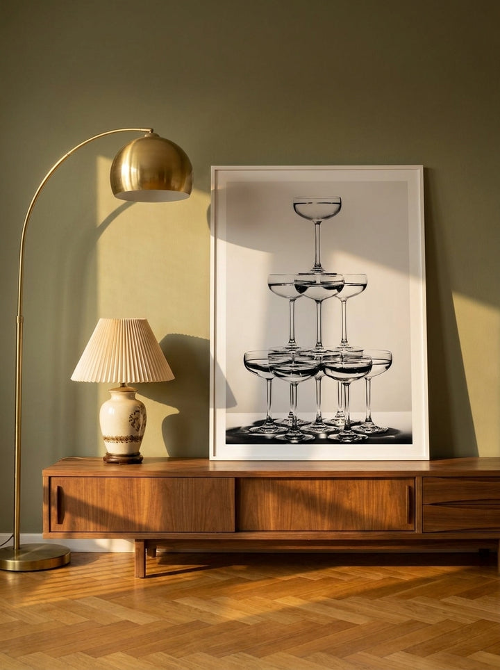 Modern wall art print standing on a kitchen bench in a mid-century kitchen