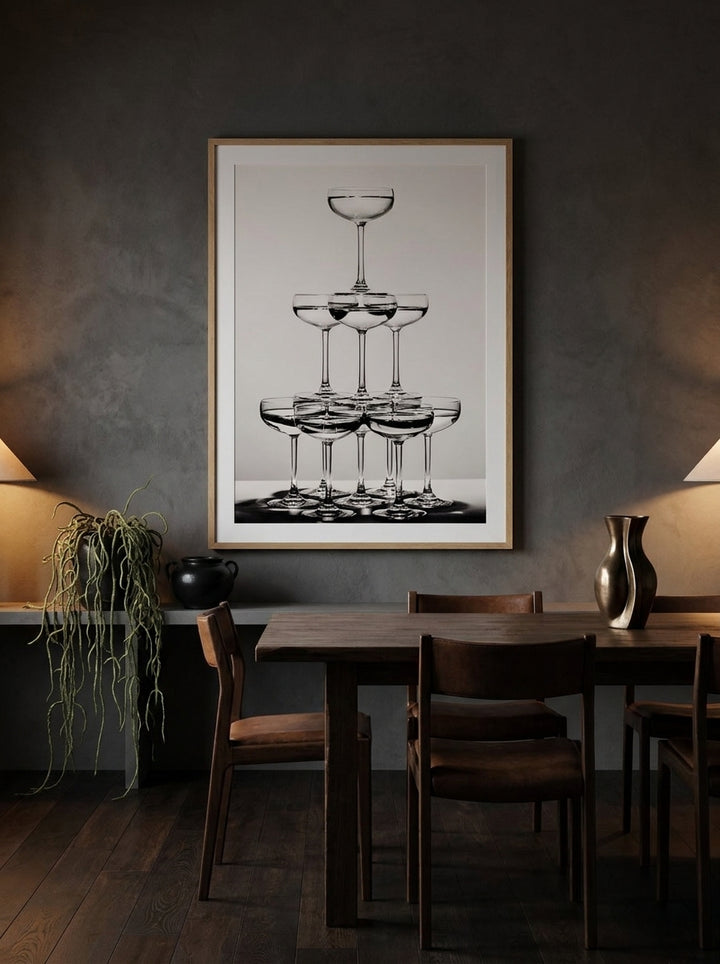 Modern wall art print styled on the wall in a moody dining room