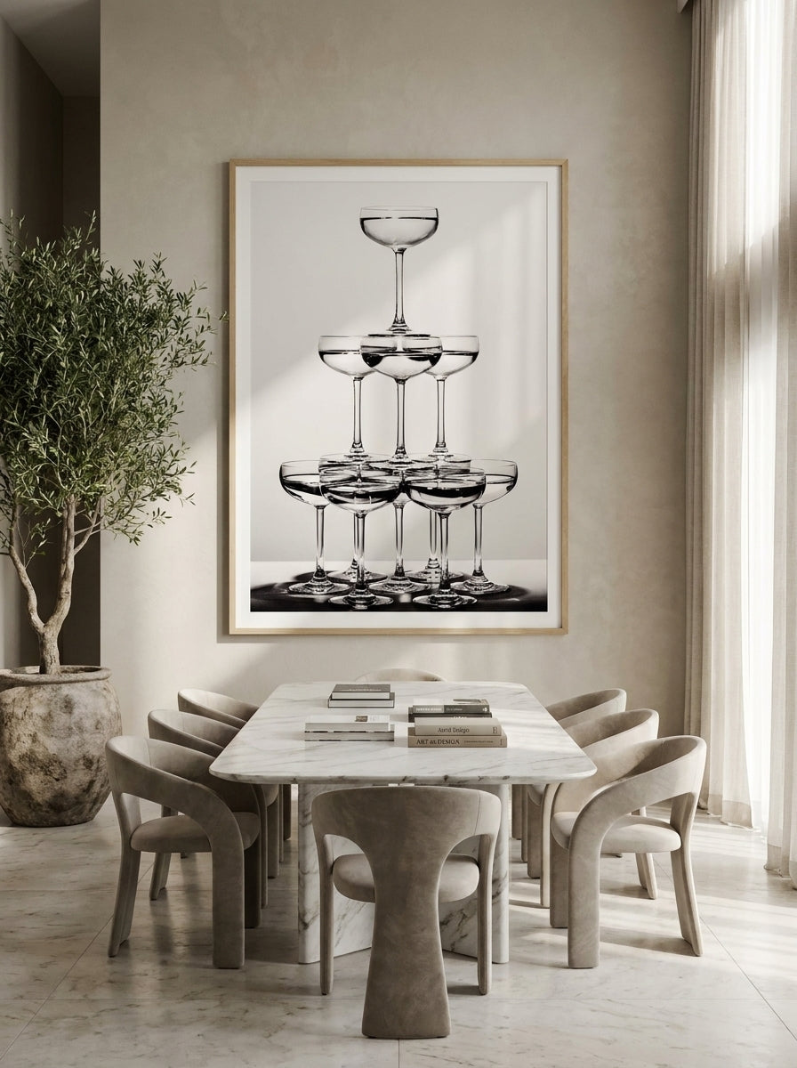 Oversized statement modern wall art print styled on the wall in a luxe dining room