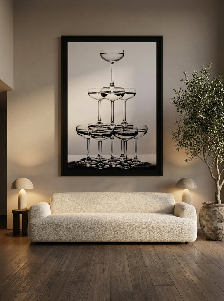 Oversized statement modern wall art print styled on the wall in a luxe living room