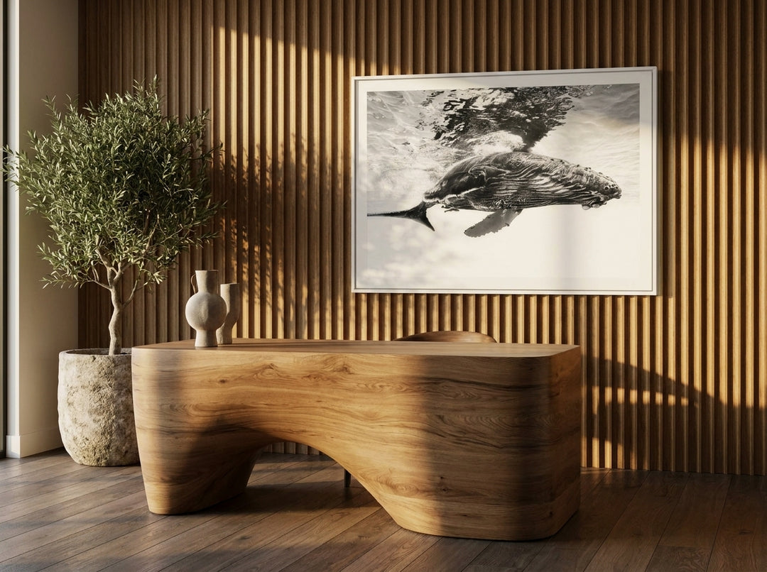 Modern wall art print styled on the wall in a luxe home office