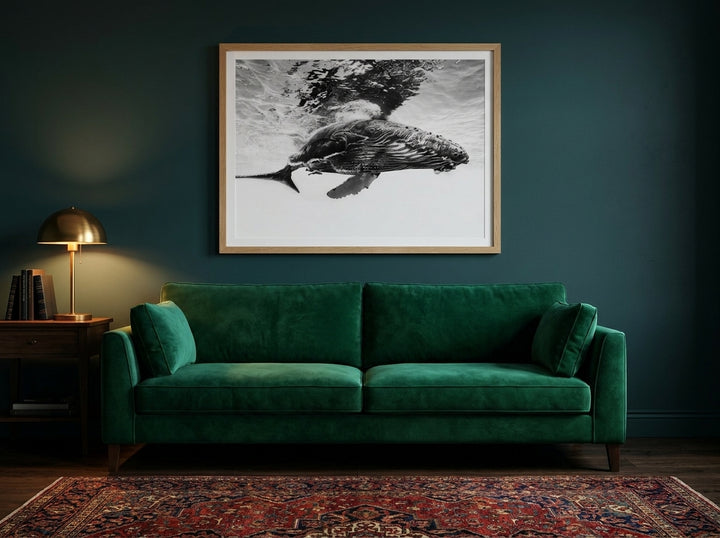 Modern wall art print styled on the wall in a moody living room