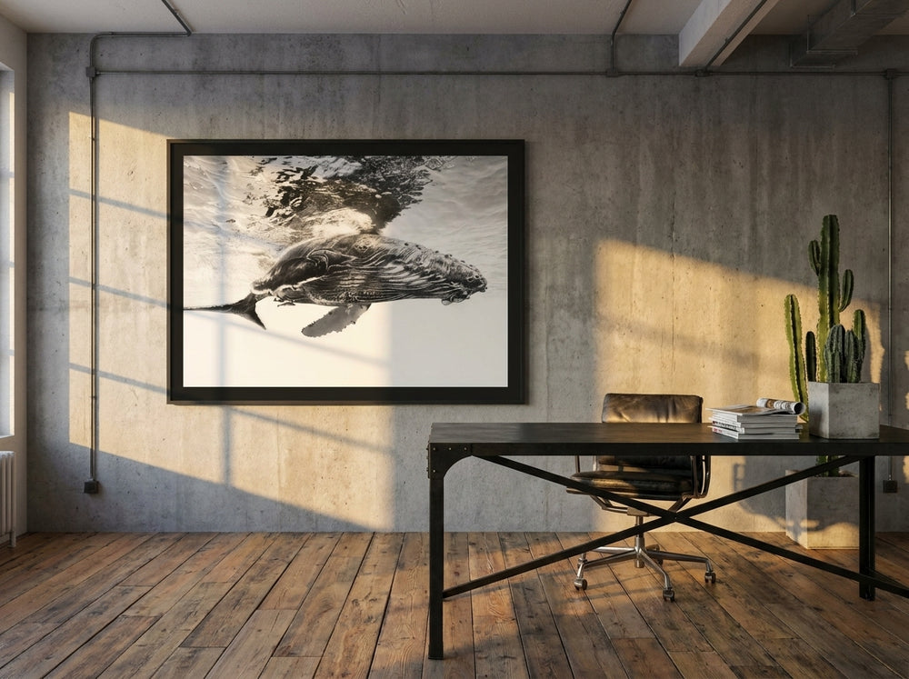 Oversized statement modern wall art print styled on the wall in an industrial loft home office