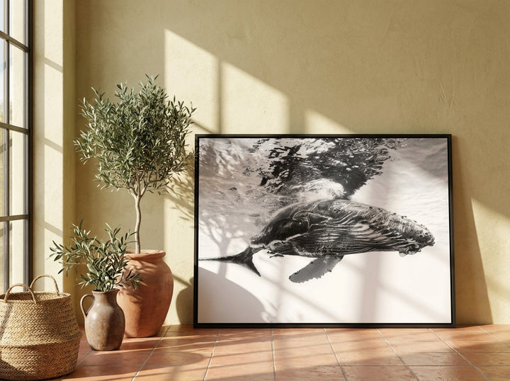 Oversized statement canvas wall art with a black surround leaning against the wall in a Mediterranean living room