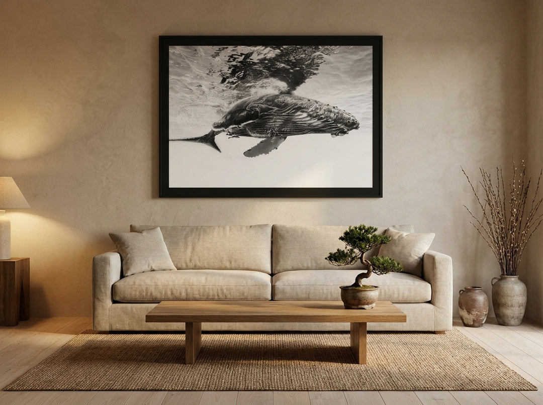 Oversized statement modern wall art print styled on the wall in a warm Japandi living room