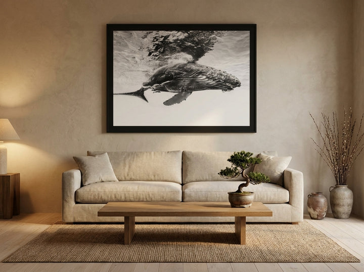 Oversized statement modern wall art print styled on the wall in a warm Japandi living room