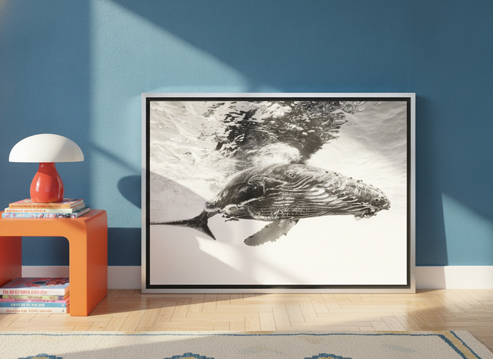 Canvas wall art with a silver leaf surround leaning against the wall in a colourful eclectic bedroom