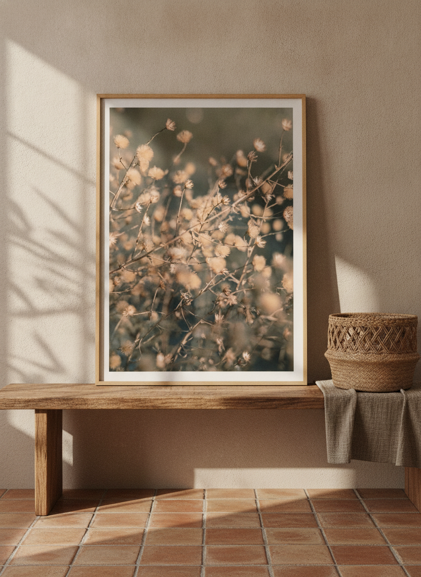 Modern wall art print standing on a bench in a Mediterranean home office