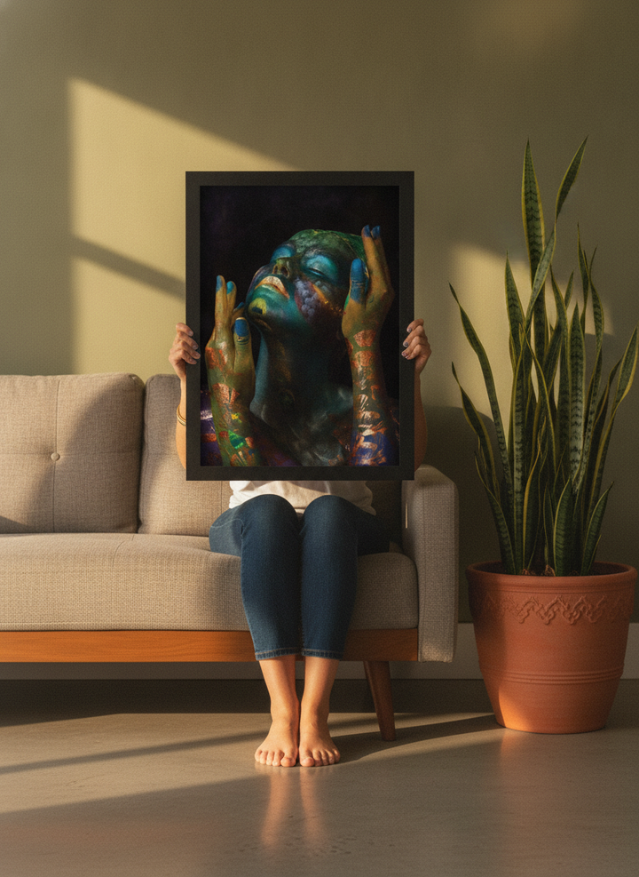 Person holding modern wall art print in a mid-century living room