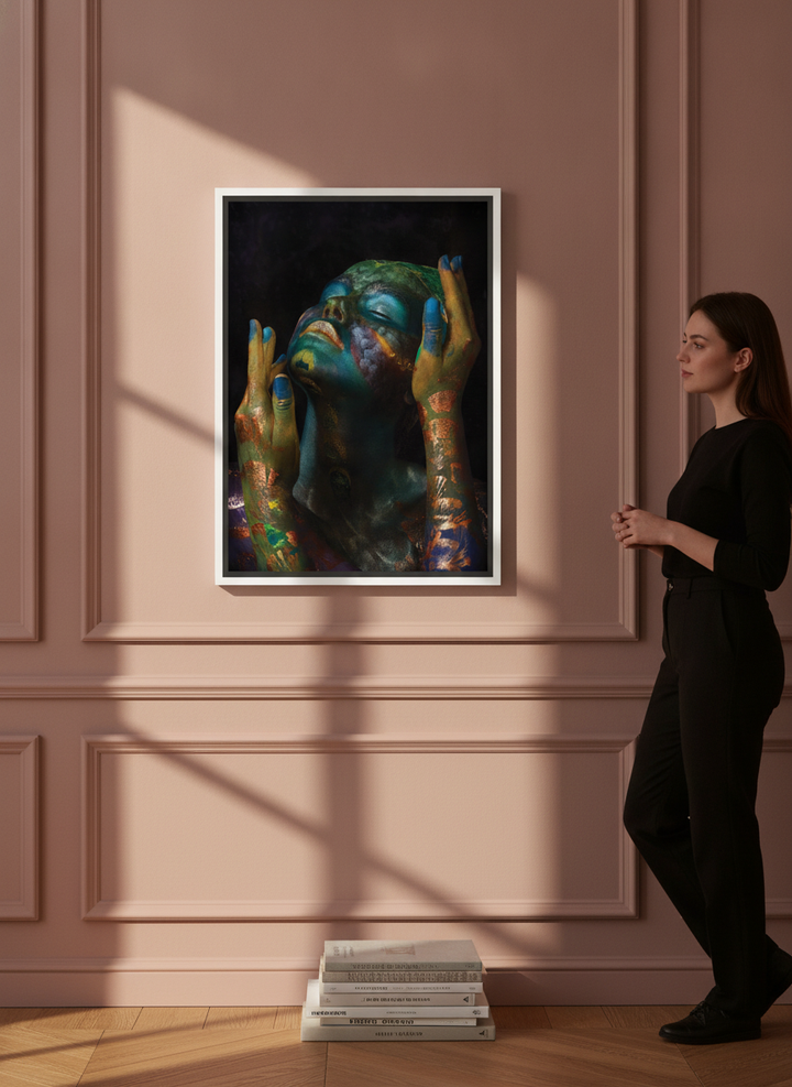 Person holding canvas wall art with a white surround in a Parisian living room