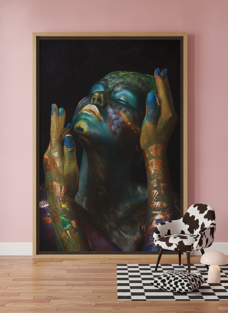 Oversized statement canvas wall art with a natural timber surround leaning against the wall in a colourful eclectic bedroom