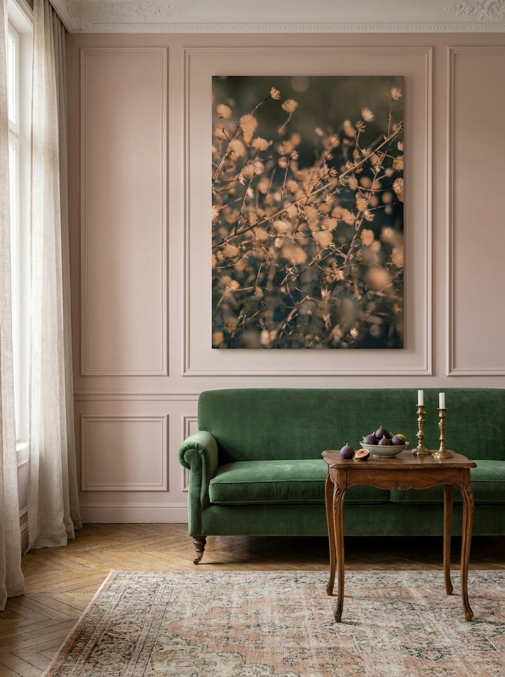 Stretched canvas wall art styled on the wall in a Parisian living room