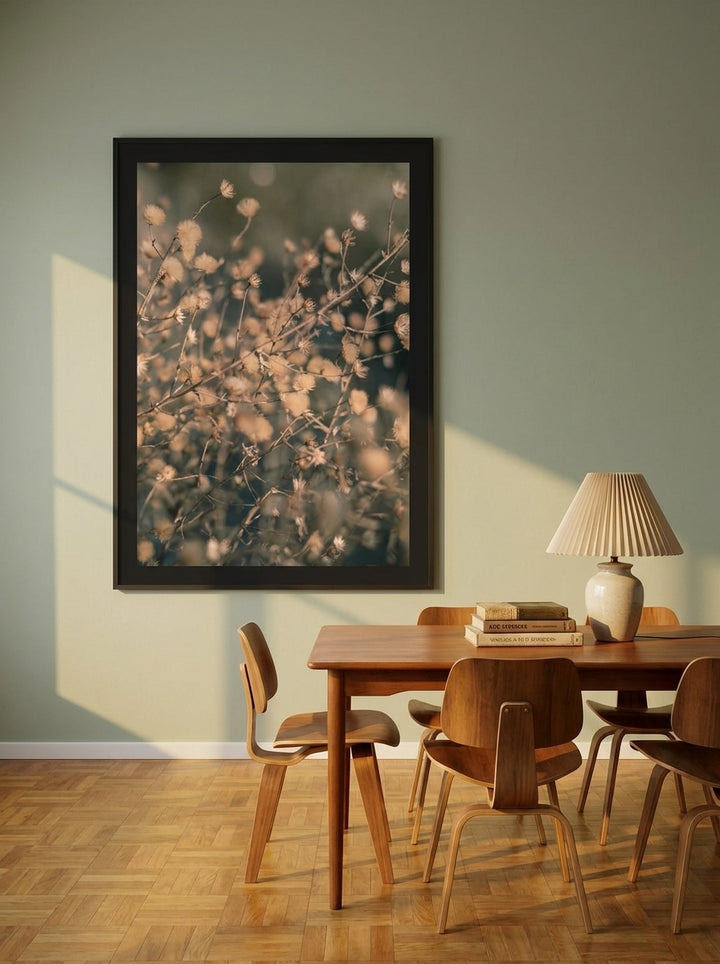 Oversized statement modern wall art print styled on the wall in a mid-century dining room