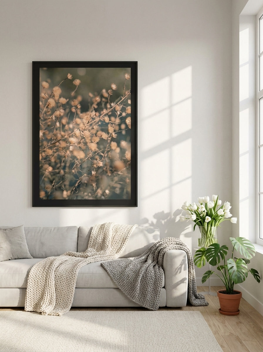 Oversized statement modern wall art print styled on the wall in a bright Scandinavian living room