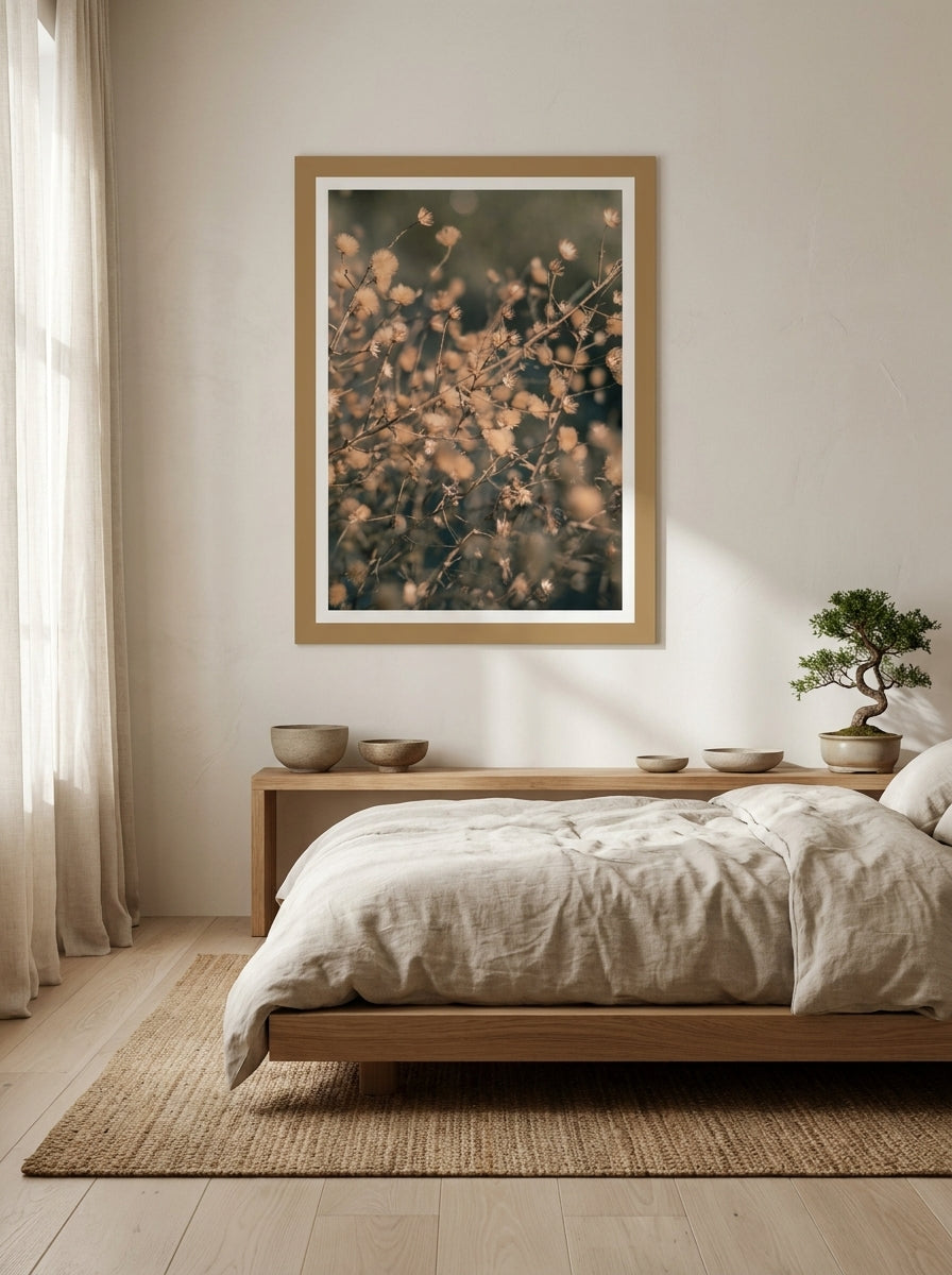 Modern wall art print styled on the wall in a warm Japandi bedroom