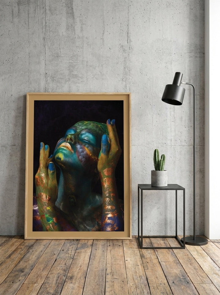 Modern wall art print leaning against the wall in an industrial loft bedroom