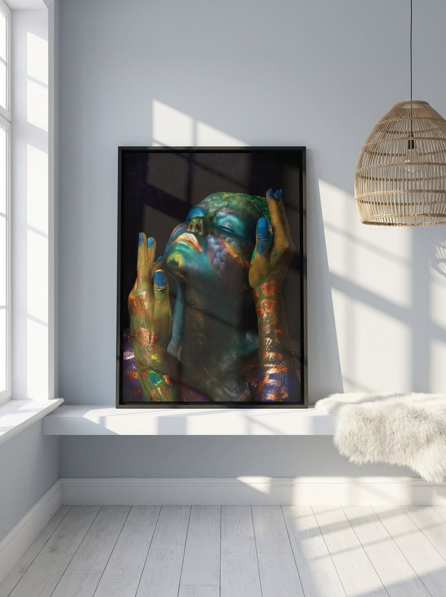 Canvas wall art with a black surround standing on a shelf in a bright Scandinavian bedroom
