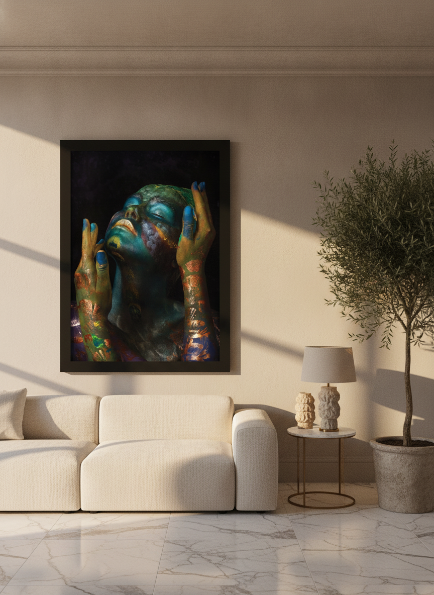 Oversized statement modern wall art print styled on the wall in a luxe living room
