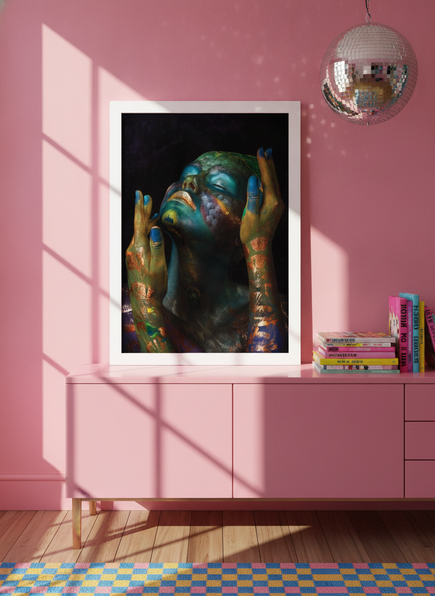 Modern wall art print standing on a sideboard in a colourful eclectic bedroom