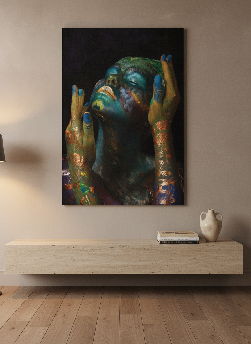 Stretched canvas wall art styled on the wall in a luxe living room