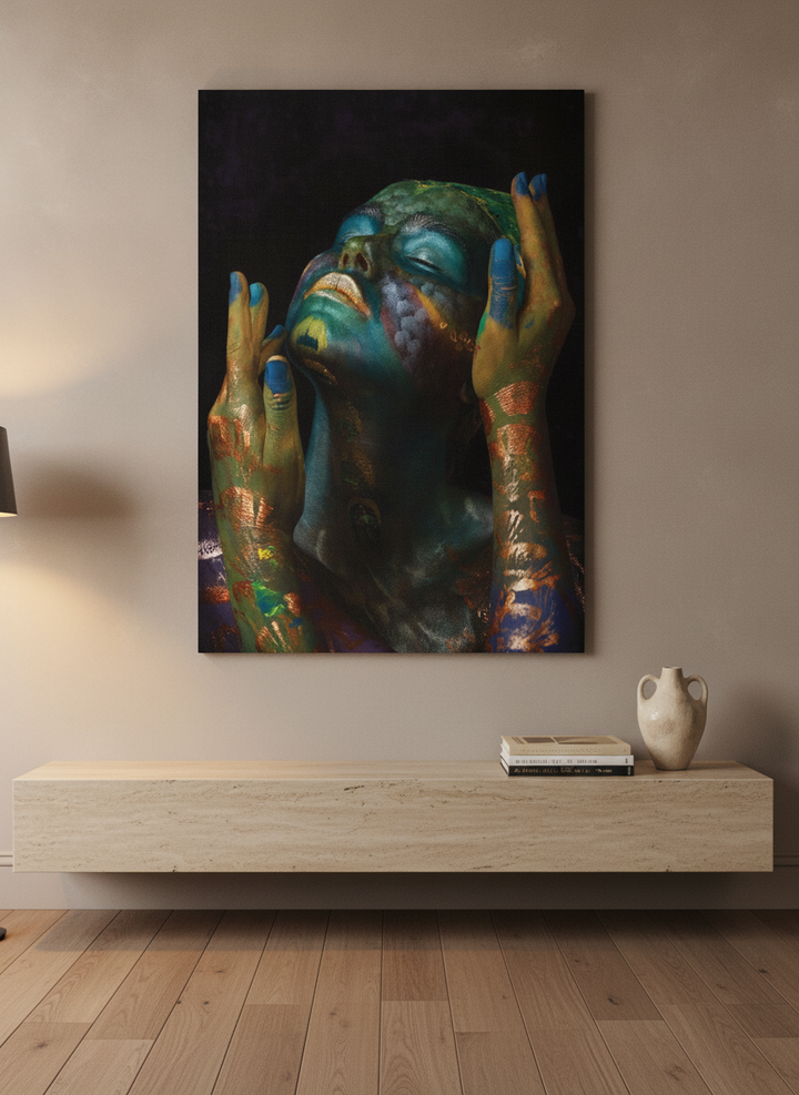 Stretched canvas wall art styled on the wall in a luxe living room