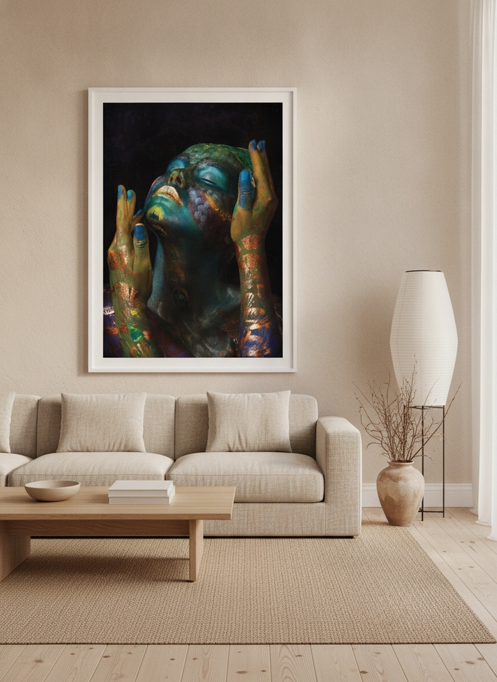 Oversized statement modern wall art print styled on the wall in a warm Japandi living room