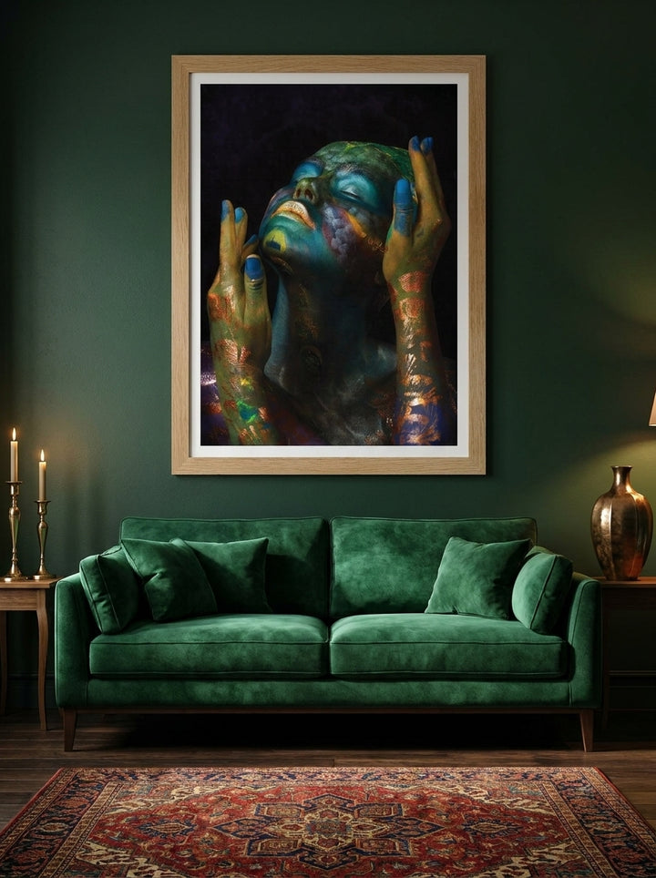 Modern wall art print styled on the wall in a moody living room