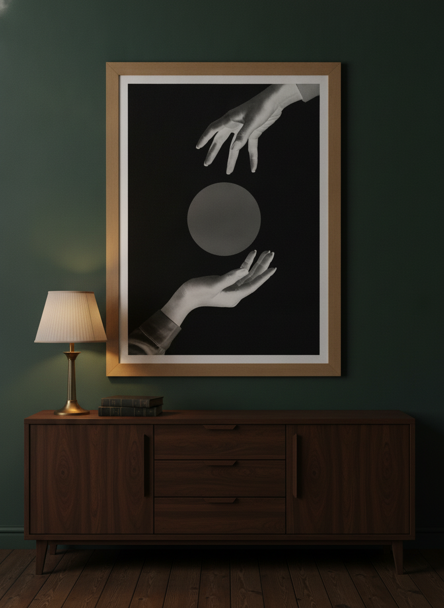 Modern wall art print styled on the wall in a moody living room
