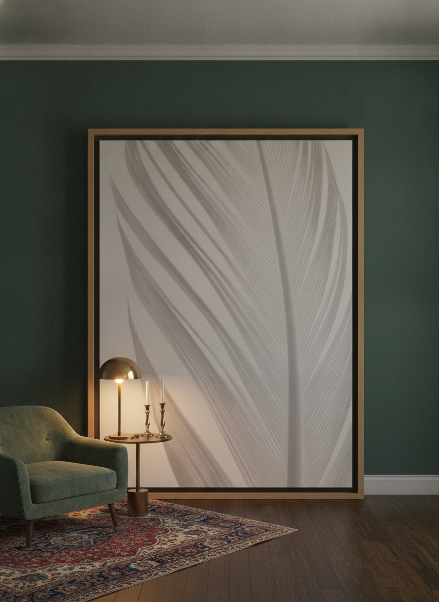 Oversized statement canvas wall art with a natural timber surround leaning against the wall in a moody home office