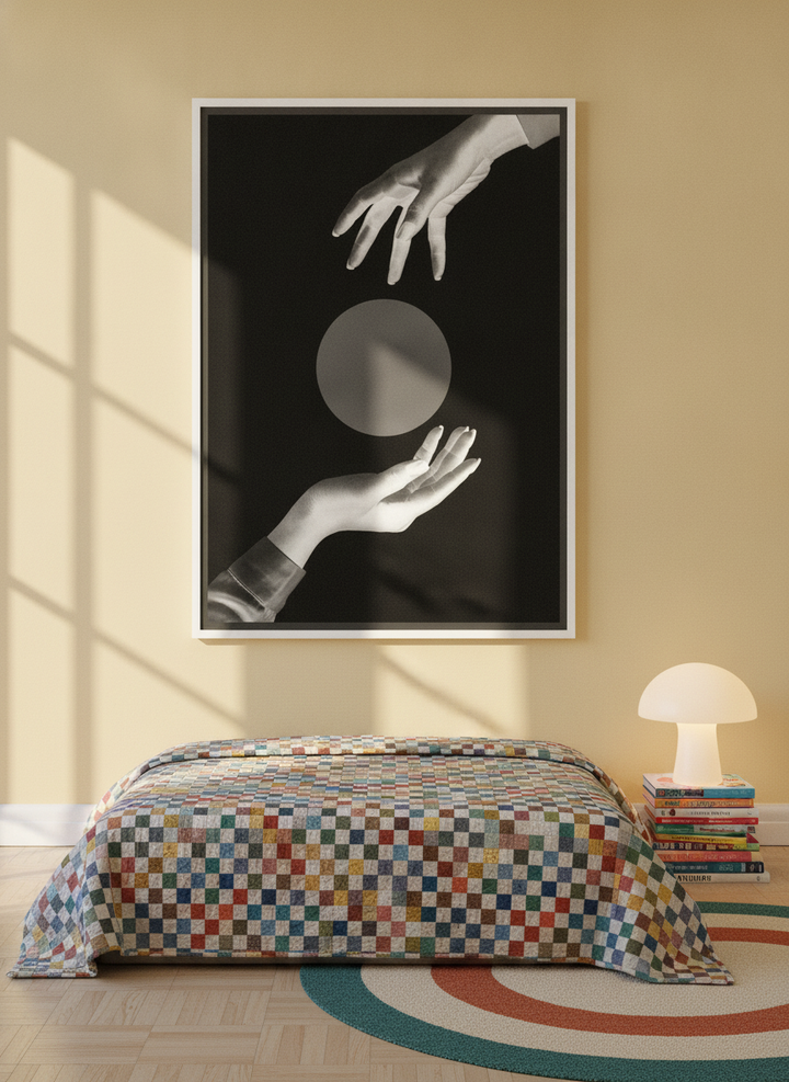 Canvas wall art with a white surround styled on the wall in a colourful eclectic bedroom