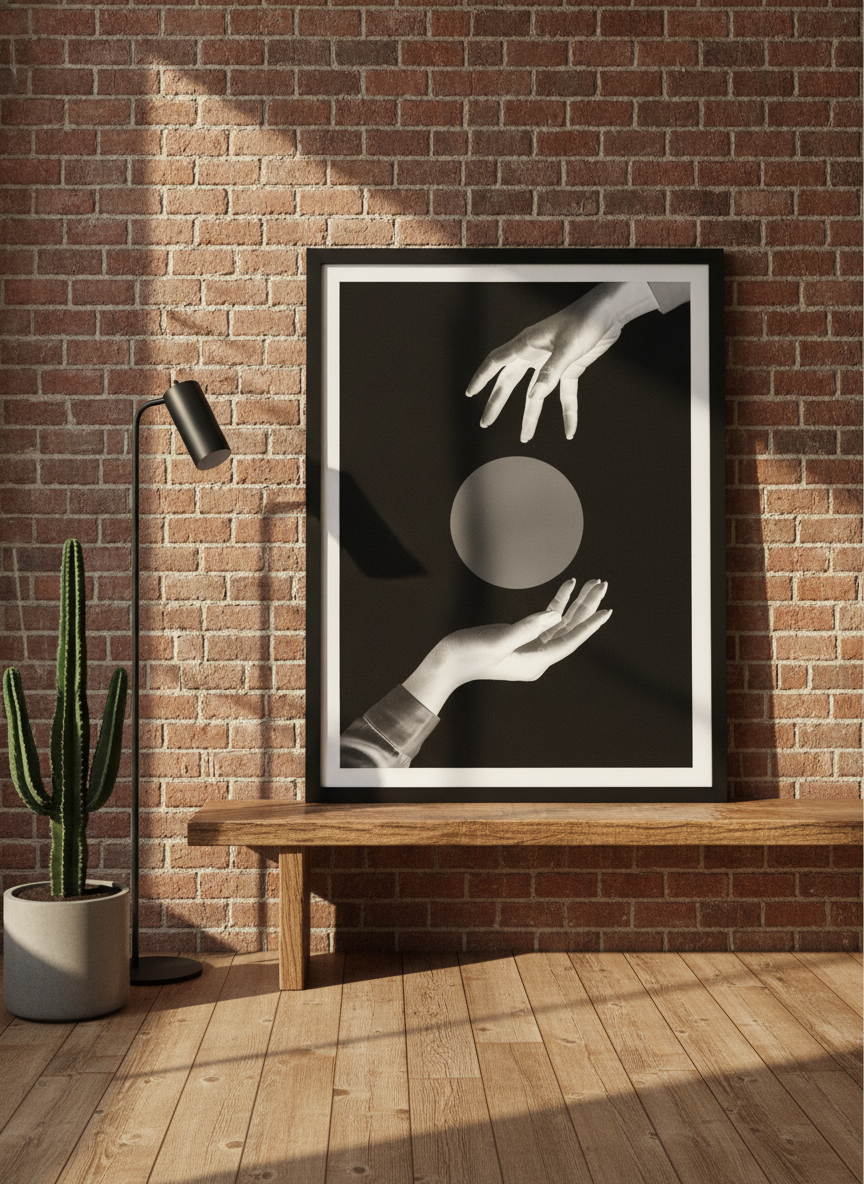 Modern wall art print standing on a bench in an industrial loft home office