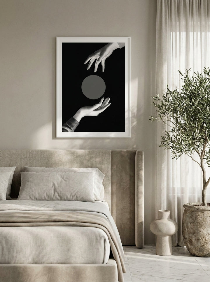 Modern wall art print styled on the wall in a luxe bedroom
