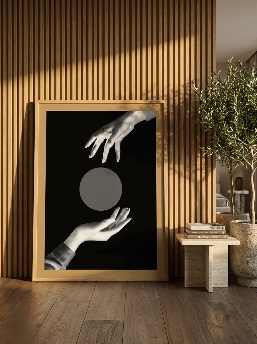 Oversized statement modern wall art print leaning against the wall in a luxe bedroom